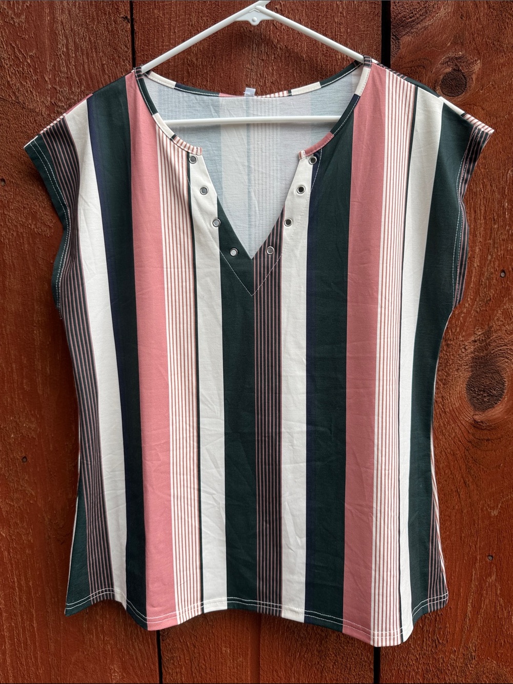 Vertical Stripe Cap-Sleeve V-Neck Top in Pink, Black & White